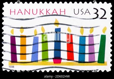 MOSKAU, RUSSLAND - 30. SEPTEMBER 2020: Die in den USA gedruckte Briefmarke zeigt Hanukkah, Serie, um 1996 Stockfoto