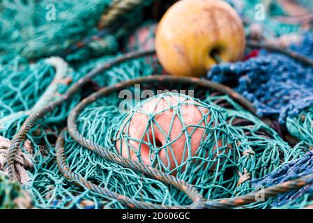 Alte rustikale Fischernetze, Fischernetze Textur. Stockfoto