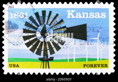 MOSKAU, RUSSLAND - 30. SEPTEMBER 2020: Briefmarke gedruckt in den Vereinigten Staaten zeigt Kansas Statehood, Serie, um 2011 Stockfoto