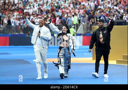 Will Smith, Era Istrefi und Nicky Jam spielen für die Abschlusszeremonie vor dem Finale der FIFA Fußball-Weltmeisterschaft 2018 im Luzhniki-Stadion in Moskau, 15. Juli 2018 Stockfoto