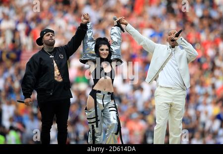 Nicky Jam, Era Istrefi und will Smith spielen für die Abschlusszeremonie vor dem Finale der FIFA Fußball-Weltmeisterschaft 2018 im Luzhniki-Stadion in Moskau, 15. Juli 2018 Stockfoto