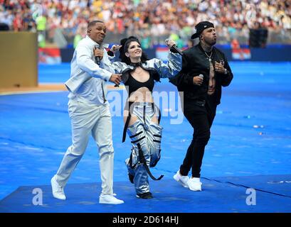 Will Smith, Era Istrefi und Nicky Jam spielen für die Abschlusszeremonie vor dem Finale der FIFA Fußball-Weltmeisterschaft 2018 im Luzhniki-Stadion in Moskau, 15. Juli 2018 Stockfoto