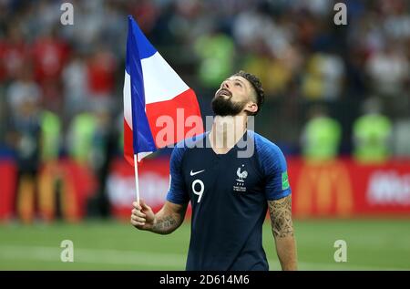 Der französische Olivier Giroud feiert nach dem Finale der FIFA Fußball-Weltmeisterschaft 2018 im Luzhniki-Stadion in Moskau am 15. Juli 2018 Stockfoto