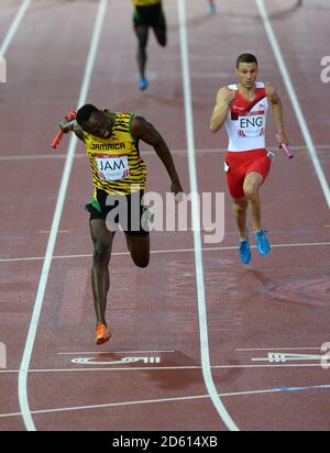 Datei Foto: Usain Bolt probiert für die australische Fußballmannschaft Central Coast Mariners aus. Jamaikas Usain Bolt gewinnt die 4x100m-Staffel der Männer ... Sport - 2014 Commonwealth Games - Tag Zehn ... 02-08-2014 ... Glasgow - Hampden Park ... Vereinigtes Königreich ... Bildnachweis sollte lauten: EMPICS Sport / EMPICS Sport. Eindeutige Referenz-Nr. 20559034 ... Stockfoto