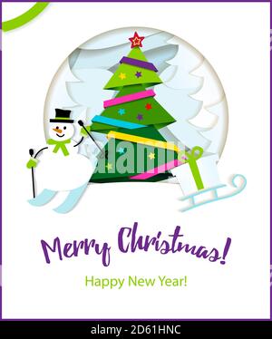 Poster Frohe Weihnachten. Papierband auf Weihnachtsbaum mit Stern und Weihnachtskugeln. Papier geschnitten und Handwerk Stil. Vektorgrafik. Stock Vektor