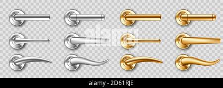 Realistische Türgriffe Set, goldene und silberne Knöpfe in verschiedenen Formen. Glänzend Gold und Stahl modernen Metall Türknöpfe, Design-Elemente für den Innenraum isoliert auf transparentem Hintergrund 3d-Vektor-Icons Stock Vektor