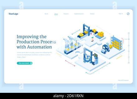 Produktionsprozess mit isometrischer Zielseite zur Automatisierung. Fabrik Robotik Arme auf Förderband, intelligente Lagerlogistik, cyborg industrielle Revolution, Anlagenarbeit Verbesserung 3d Vektor Web-Banner Stock Vektor