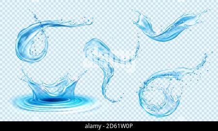 Wasser spritzt, blaue flüssige Wellen mit Wirbeln und Tropfen. Vector realistische Satz von fließenden und fallen klar reines Aqua, Flüssigkeit spritzt isoliert auf transparentem Hintergrund Stock Vektor