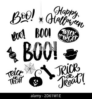 Happy Halloween Party Grußplakat, lädt zu einer Party. Schriftzug der Halloween. Vektordarstellung mit isolierten Elementen Stock Vektor