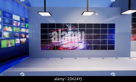 News Studio, Hintergrund für TV-Shows .TV auf Wall,3D Virtual News Studio Hintergrund, 3D Illustration Stockfoto