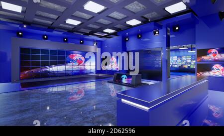 News Studio, Hintergrund für TV-Shows .TV auf Wall,3D Virtual News Studio Hintergrund, 3D Illustration Stockfoto