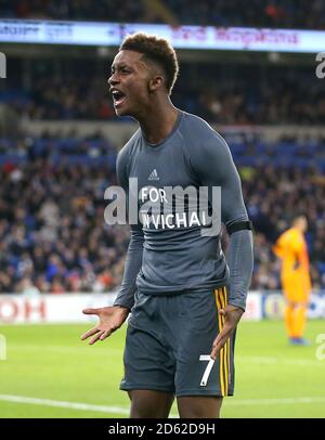 Demarai Gray von Leicester City feiert das erste Tor seiner Seite Des Spiels Stockfoto