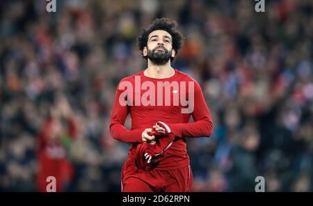 Liverpools Mohamed Salah feiert nach dem letzten Pfiff Stockfoto