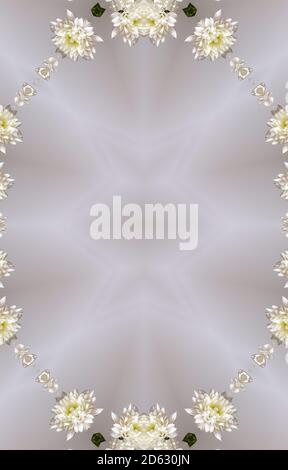 Blumen, visuelle Wirkung eines Spiegels, Raum für Texteingabe, abstrakte Tapete, voller Farben, seltsame Ornamente und Formen, Hintergrund mit schönen Geo Stockfoto