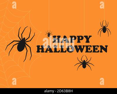 Frohe Halloween. Textbanner mit Spinnen, die auf einem Netz auf orangefarbenem Hintergrund hängen. Entwerfen Sie eine Grußkarte. Vektorgrafik Stock Vektor