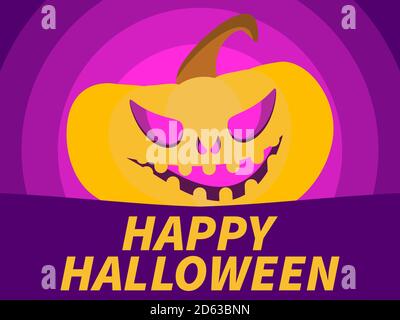 Frohe Halloween, 31. Oktober. Festliches Banner mit lächelndem Kürbis auf buntem Kreis Hintergrund. Design für Banner, Postkarten und Grußkarten. Stock Vektor