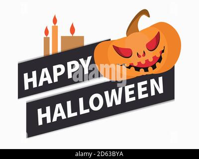 Frohe Halloween. Textbanner mit Kürbis und Kerzen auf weißem Hintergrund. Entwerfen Sie eine Grußkarte. Vektorgrafik Stock Vektor