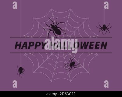 Frohe Halloween. Textbanner mit Spinnen, die auf einem Netz auf violettem Hintergrund isoliert hängen. Entwerfen Sie eine Grußkarte. Vektorgrafik Stock Vektor