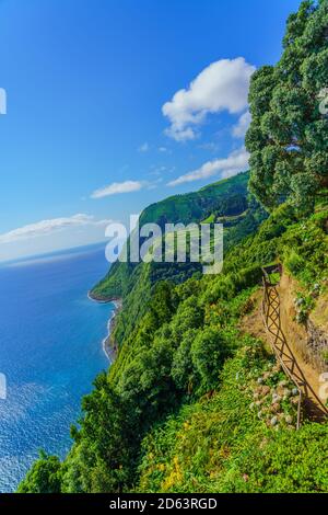 Aussichtspunkt Ponta do Sossego, Sao Miguel Island, Azoren, Portugal. Blick auf Blumen auf einem Berg und das Meer in Miradouro da Ponta do Sossego Nordeste Stockfoto