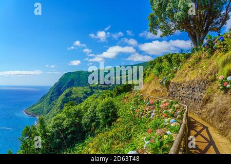 Aussichtspunkt Ponta do Sossego, Sao Miguel Island, Azoren, Portugal. Blick auf Blumen auf einem Berg und das Meer in Miradouro da Ponta do Sossego Nordeste Stockfoto