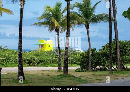 Rettungsschwimmer Haus an einem regnerischen Tag mit Palmen Stockfoto