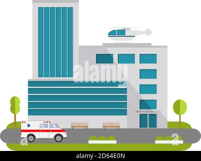 Stadtkrankenhaus mit Ambulanz flachen Stil und das Auto und der Hubschrauber der medizinischen Versorgung. Stock Vektor