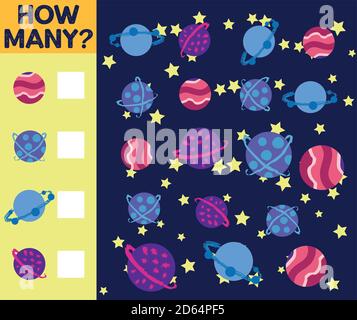Zählspiel für Vorschulkinder. Pädagogisch ein mathematisches Spiel. Zählen Sie, wie viele Raumschiffe Stock Vektor