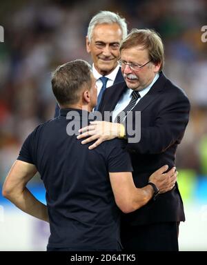 Rainer Koch amtierender Präsident des Deutschen Fußball-Bundes (Strenge) mit Deutschland U21-Cheftrainer Stefan Kuntz Stockfoto