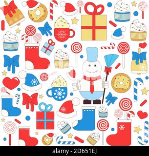 Flat Line Weihnachts- und Neujahrs-Ikonen-Set. Es ist Vector Set Modern Line Icons für Web und Mobile. Winter Season Icons Kollektion. Rot Gelb A Stock Vektor