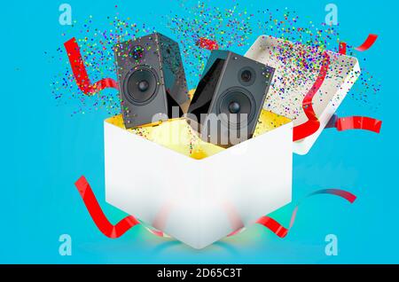 Musiklautsprecher in Geschenkbox, 3D-Rendering auf blauem Hintergrund Stockfoto