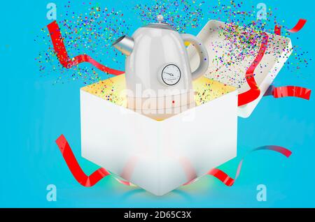 Elektrischer Wasserkocher im Geschenkkarton, 3D-Rendering auf blauem Hintergrund Stockfoto