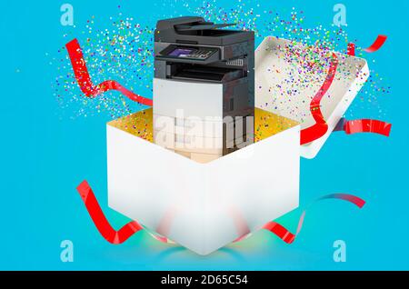 Office Multifunktionsdrucker MFP in Geschenkbox, 3D-Rendering auf blauem Hintergrund Stockfoto