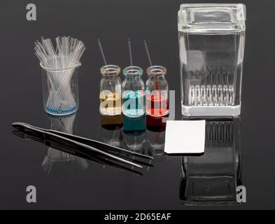 Dünnschichtchromatographie (TLC) ist eine sehr häufig verwendete Technik in der synthetischen Chemie zur Identifizierung von Verbindungen, Bestimmung ihrer Reinheit und Folio Stockfoto