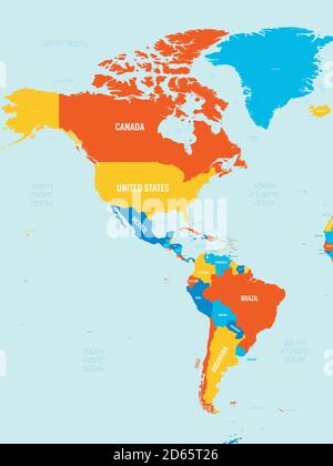 Karte für Amerika - 4 helle Farbtöne. Hoch detaillierte politische Karte von Nord- und Südamerika Kontinent mit Land, Meer und Meer Namen Kennzeichnung. Stock Vektor