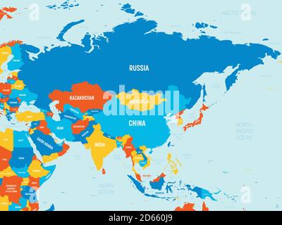 Asia - 4 helle Farbtöne. Hoch detaillierte politische Karte des asiatischen Kontinents mit Land-, Meer- und Meeresnamen Kennzeichnung. Stock Vektor