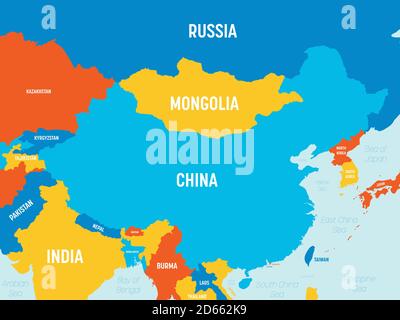 China-Karte - 4 helle Farbgebung. Hoch detaillierte politische Karte von China und den Nachbarländern mit Land-, Meer- und Meeresnamen Kennzeichnung. Stock Vektor