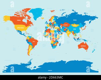 Weltkarte - 4 helle Farbgebung. Hoch detaillierte politische Karte der Welt mit Land, Meer und Meer Namen Kennzeichnung. Stock Vektor