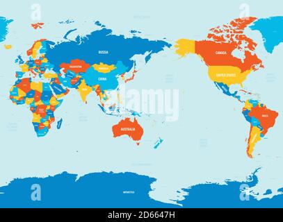Weltkarte - Asien, Australien und Pazifik zentriert. 4 helle Farbtöne. Hoch detaillierte politische Karte der Welt mit Land, Meer und Meer Namen Kennzeichnung. Stock Vektor