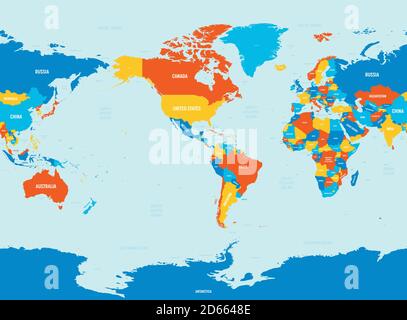 Weltkarte - Amerika im Zentrum. 4 helle Farbtöne. Hoch detaillierte politische Karte der Welt mit Land, Meer und Meer Namen Kennzeichnung. Stock Vektor