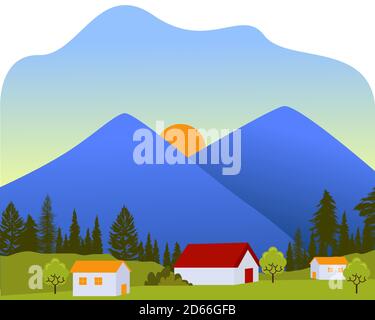 Sonne zwischen Bergen Haus Dorf Landschaft am Morgen Hintergrund Grüner Wiesenbaum mit flachem Cartoon-Stil Stock Vektor