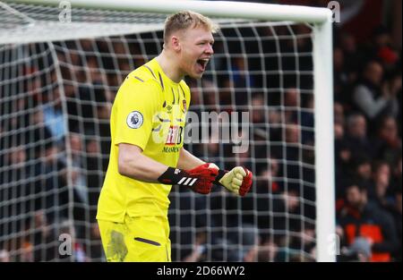 AFC Bournemouths Torhüter Aaron Ramsdale feiert, nachdem AFC Bournemouths Jefferson Lerma (nicht abgebildet) das erste Tor seiner Seite erzielt hat Stockfoto