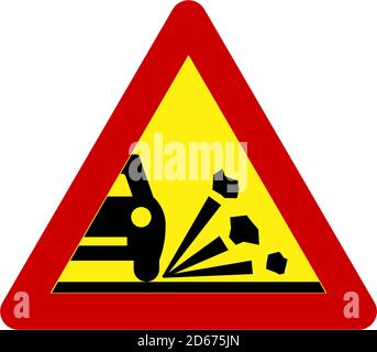 Warnschild mit Kies auf der Straße Symbol Stockfoto