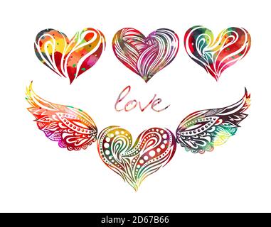 Set von Regenbogen schönen Herzen. Herz Tattoo Objekt. Valentinstagsschild. Designelement. Vektorgrafik. Stock Vektor