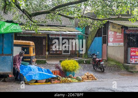 Sindhudurg lokale Obsthändler im Regen Stockfoto