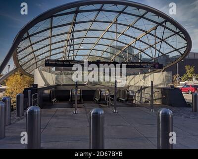 Blick auf den Eingang zum Zug 7 in 34 Street Hudson Yards Station Stockfoto