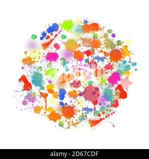 Mehrfarbige Farbflecken auf weißem Hintergrund einstellen. Ein Kreis von Blots. Gemischte Medien. Vektorgrafik. Stock Vektor