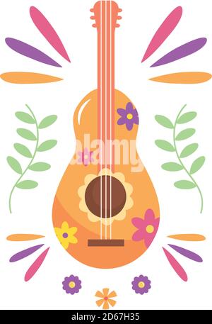 Gitarre mit floralem Design und dekorativen Ornamenten rund über weißem Hintergrund, flacher Stil, Vektor-Illustration Stock Vektor