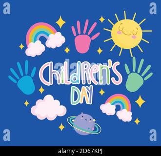 Kinder Tag, farbige Hand geschrieben Schriftzug Handdrucke Regenbogen Wolken Sonne Cartoon Vektor Illustration Stock Vektor