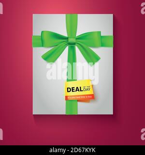 Geschenkbox mit grüner Schleife auf rotem Hintergrund. Angebot des Tages. Vektorgrafik eps 10. Stock Vektor