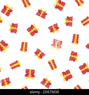 Nahtloses Muster mit roten Geschenken auf weißem Hintergrund isoliert. Weihnachten und Neujahr. Vektorgrafik im flachen Stil. Design für die Verpackung Stock Vektor